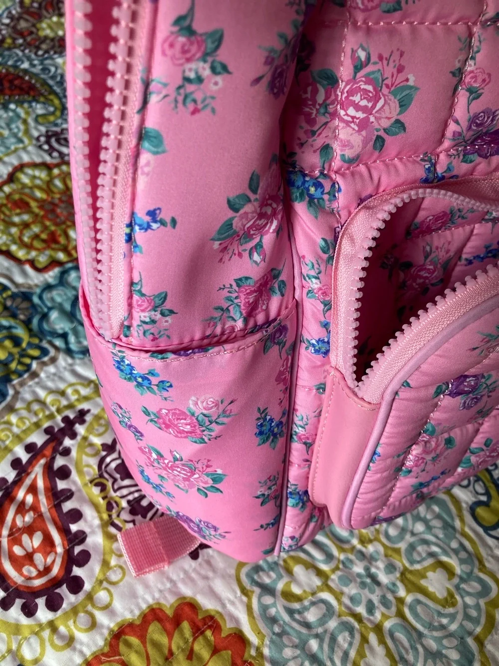 OMG Pink Floral Quilted Kids Backpack with Pom-Pom Charm